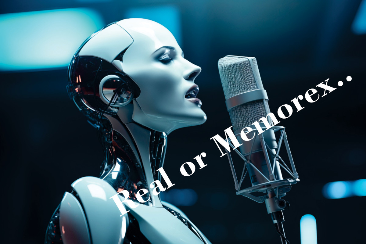 A robot singing into a microphone